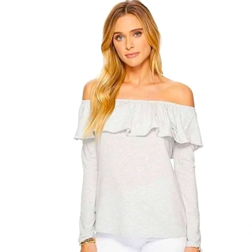 Lilly Pulitzer Augustus Off Shoulder White Ruffle Top XXS Heather Gray NWOT